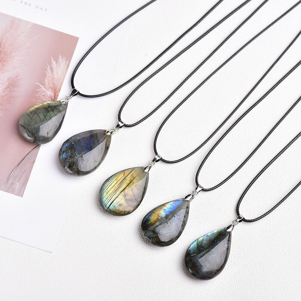 Energy Necklace Labradorite Natural Stone Water Drop Shaped Pendant Jewelry Gift