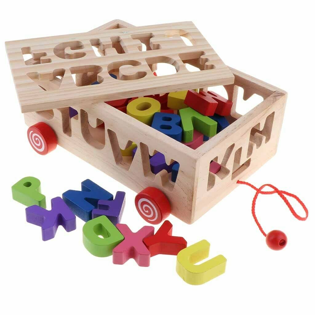 Wooden Shapes Sorter Bus Pull Along Car Early Development Toys for Toddlers