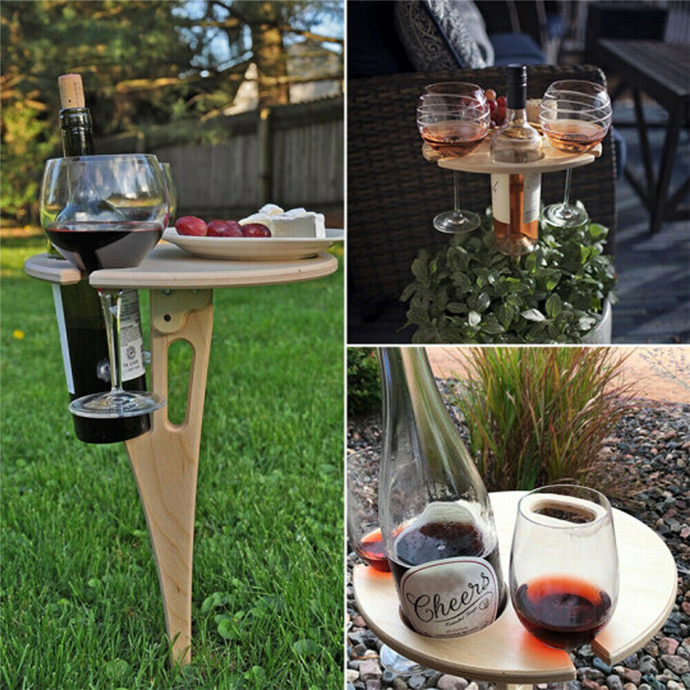 Outdoor Wine Table Foldable Round Desktop Mini Wooden Picnic Table Wine Rack