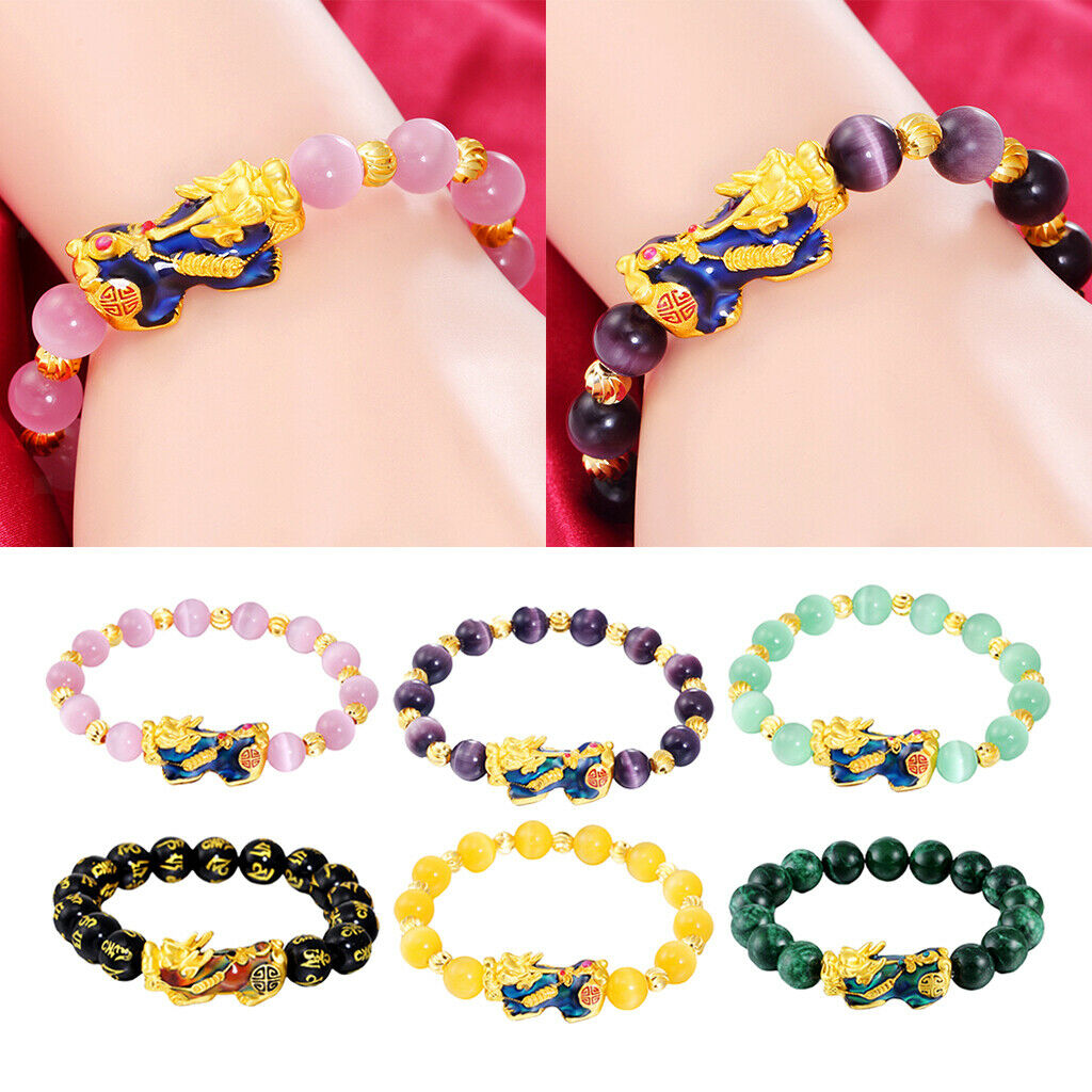 Feng Shui Black Obsidian Pixiu Charms Bracelet Jewelry Elastic Black