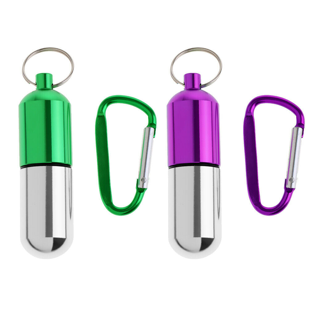 2x Mini Metal Portable Purse Pill Box Capsule Holder Fob Bottle Case w/ Keychain
