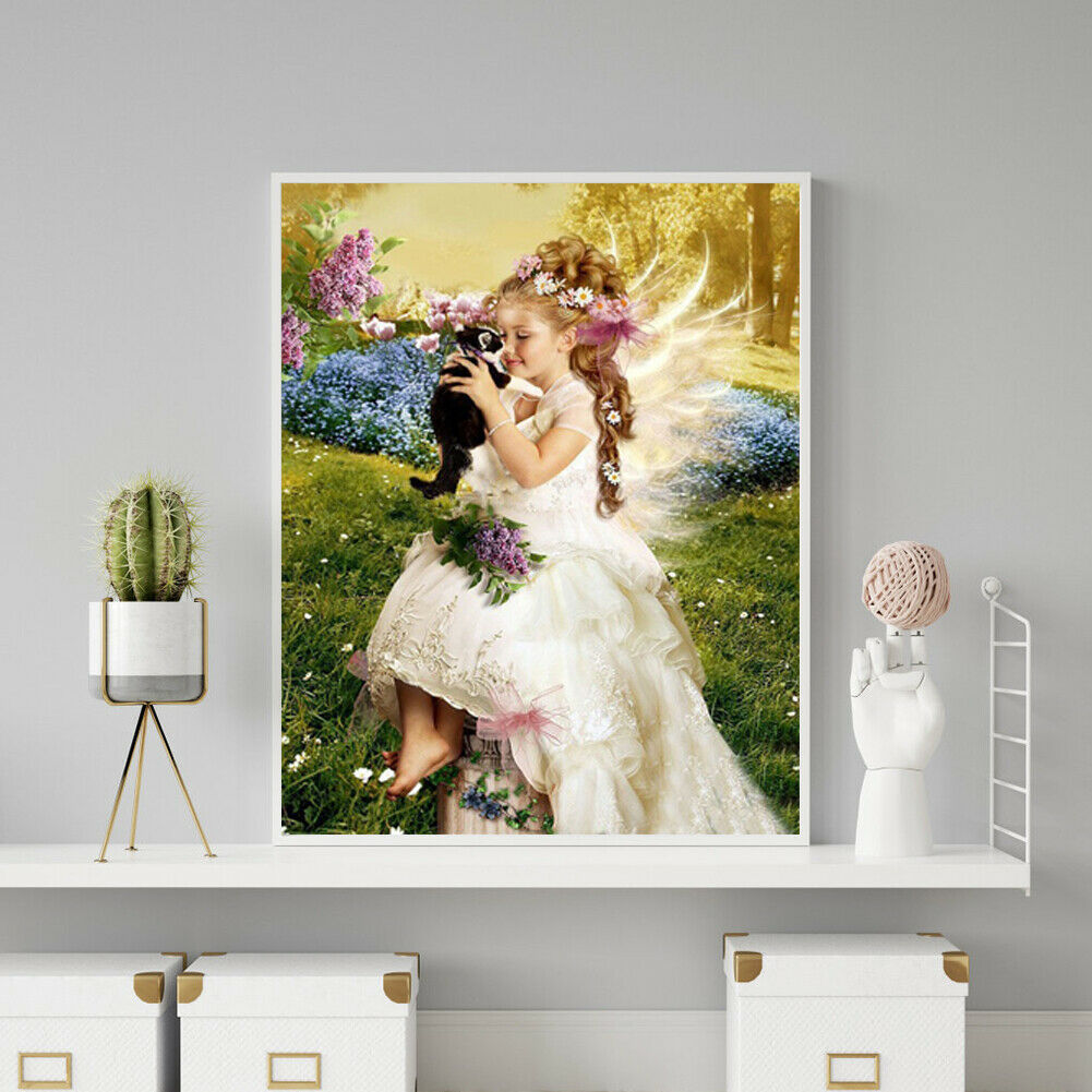 Diamond Painting Cross Ctitch Angel Girl Cat Full Square Drill Embroidery @