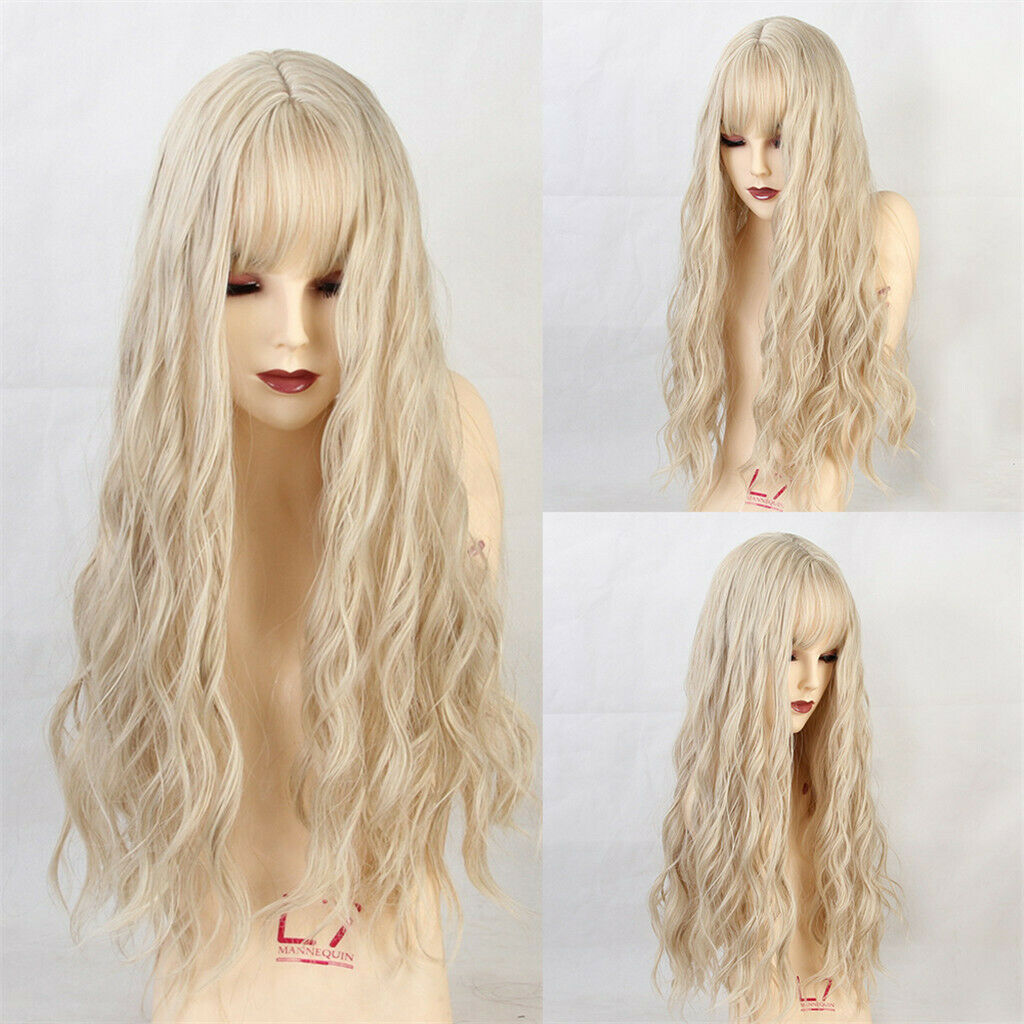26" Light Yellow Synthetic Long Curly Bangs Hair Wig Ladies Fascinating Wigs