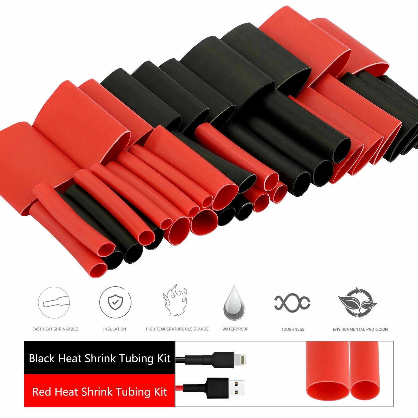 45PCS 3:1 Dual Wall Heat Shrink Tubing Marine Adhesive Glue Lined Black&Red