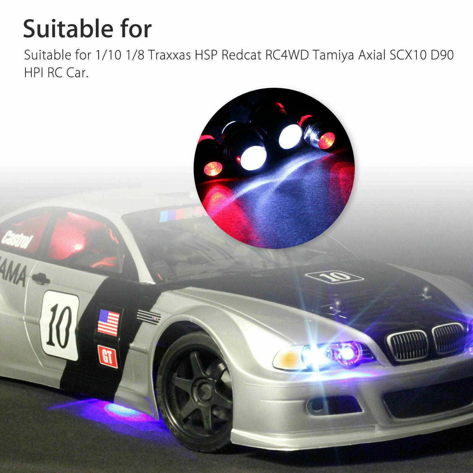4 LED Lamp Kit 2 White 2 Red for 1/10 1/8 Traxxas HSP Redcat RC Car Truck