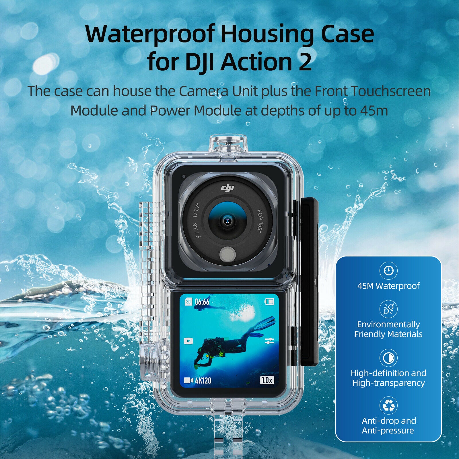 45m Waterproof Diving Housing Case Cover Set For DJI Action 2 Sports Camera New