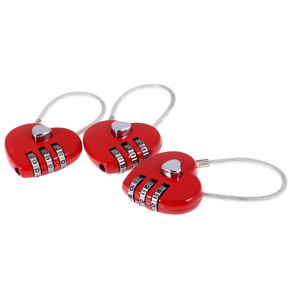 3Pcs Love Heart Wire Combination Padlock Diary Travel Locker Set Pendant Red