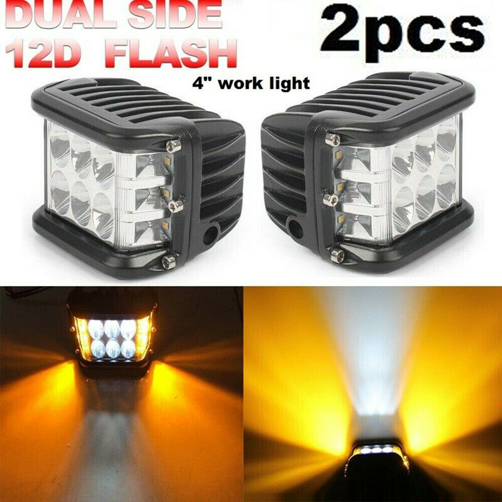 Pair 4" Work Cube Side Shooter LED Light Bar Pod White&Amber Strobe Lamp Car SUV