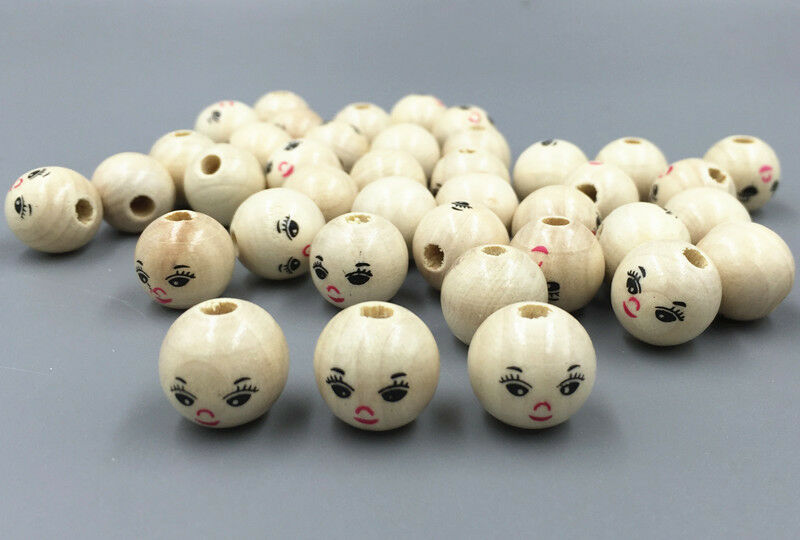 40PCS Wooden Round Painted Smile Face Loose Beads CRAFT BEADS 14mm