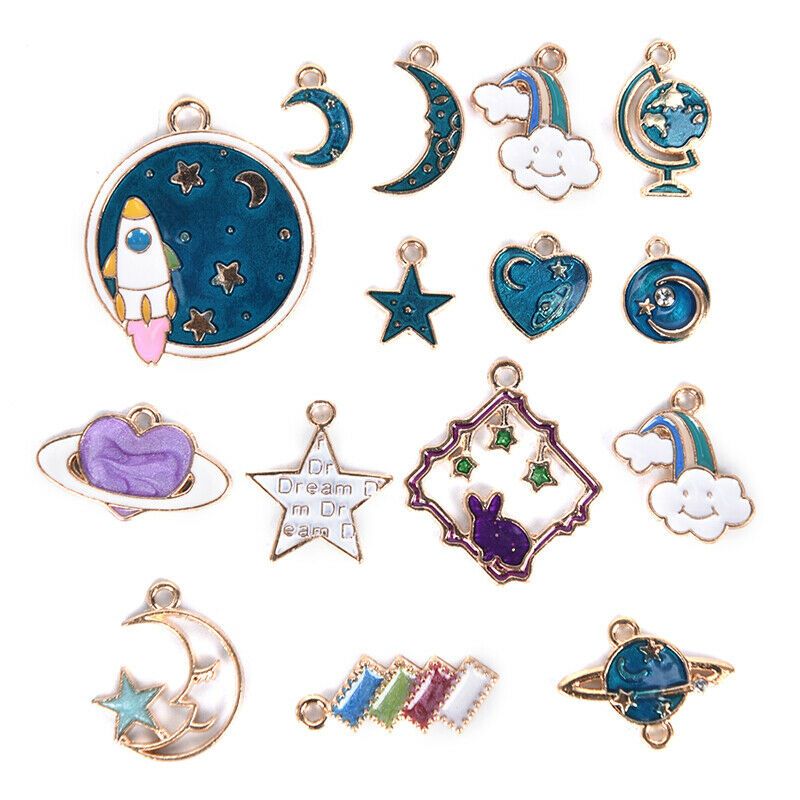 15pcs Mixed Star Moon Universe Enamel Charms Pendant DIY Jewelry Making FinDEAU
