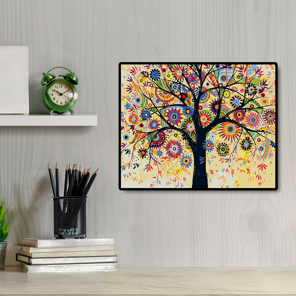 Hand Painted DIY Painting By Numbers Colorful Tree Wall Art Craft Picture @