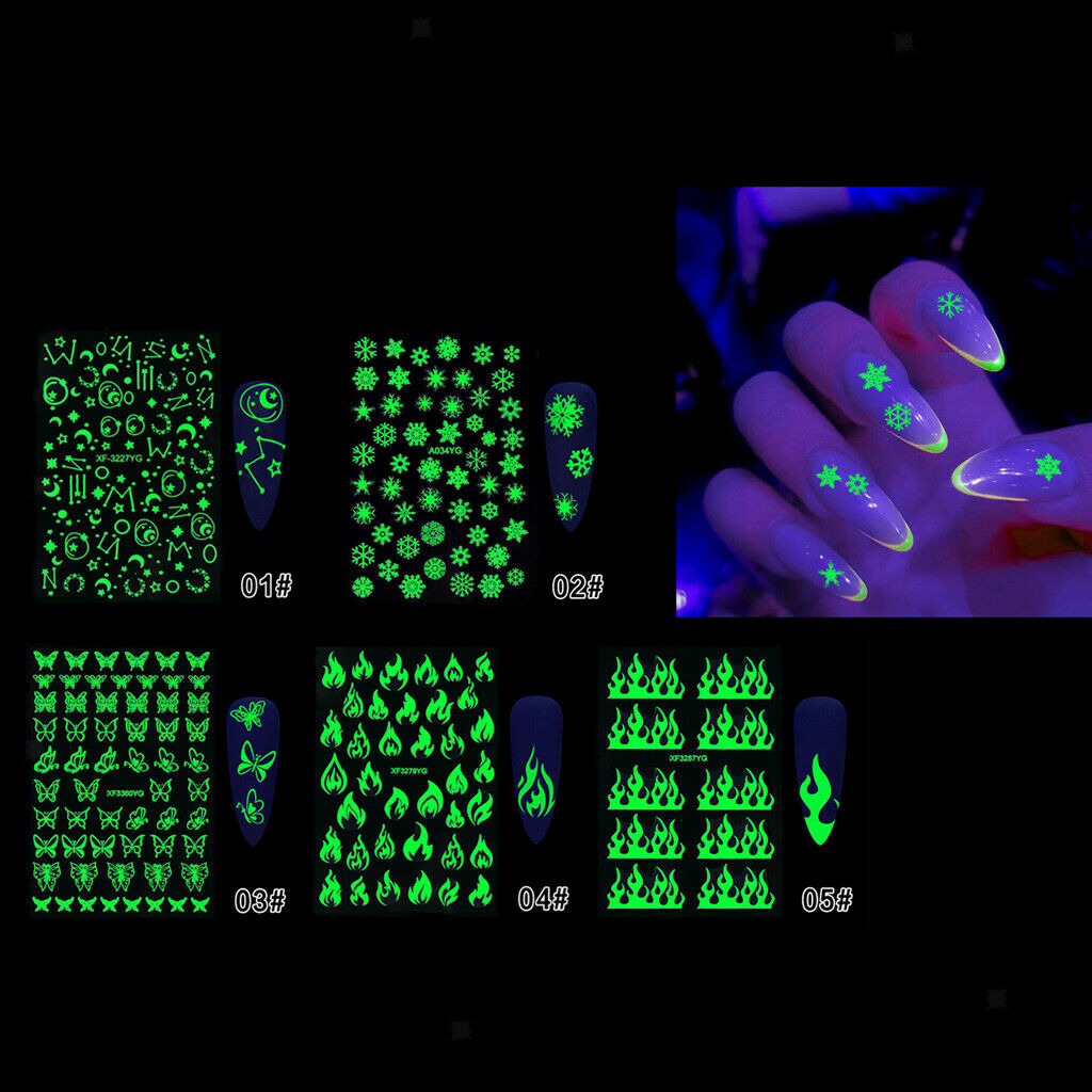 5pcs DIY Luminous Self Adhesive Nail Design Stickers Nail Decals Stencils