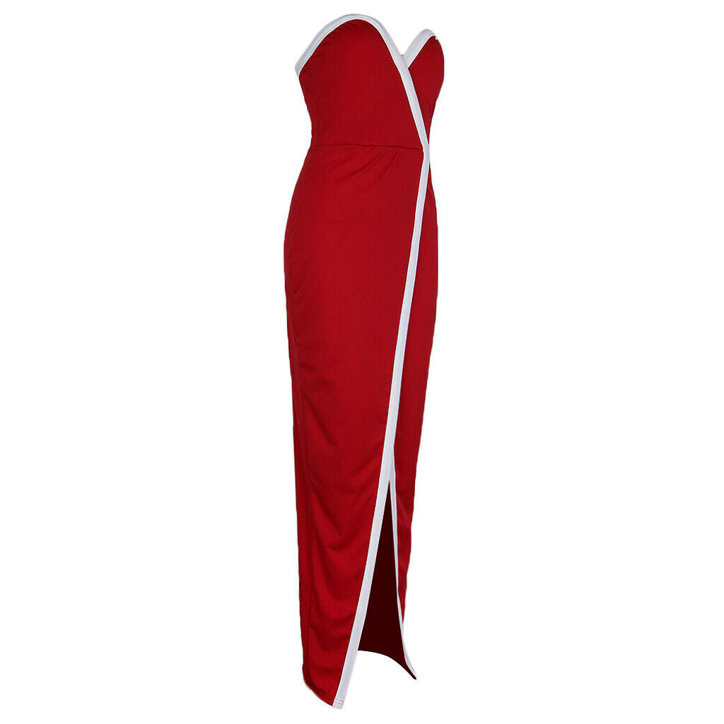 Women Off Shoulder Front Split Stripe Bodycon Clubwear Party Dress S Red