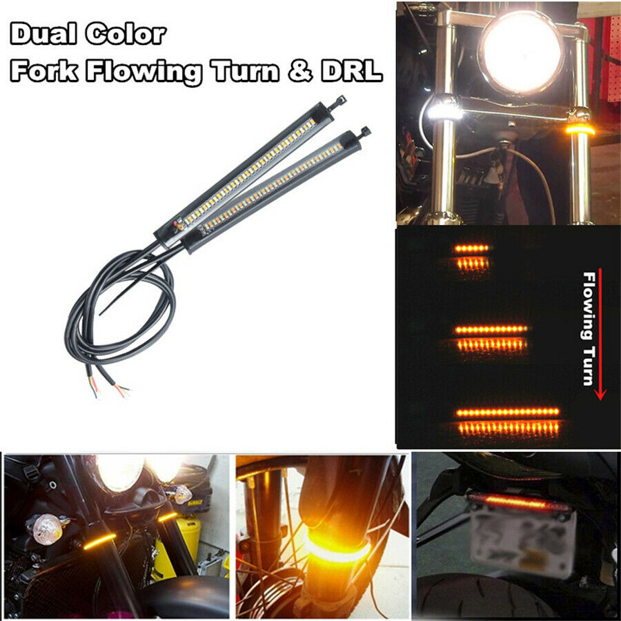 2Pcs Dual Colors Motorcycle Fork Flowing Sequential Turn Signals+DRL LED Strips