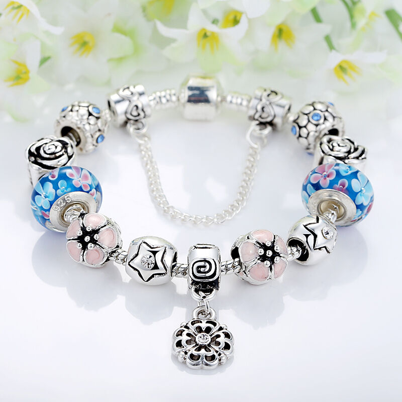 European 925 Glass Bead Charm Bracelet With Crystals Fit Women Authentic Jewelry