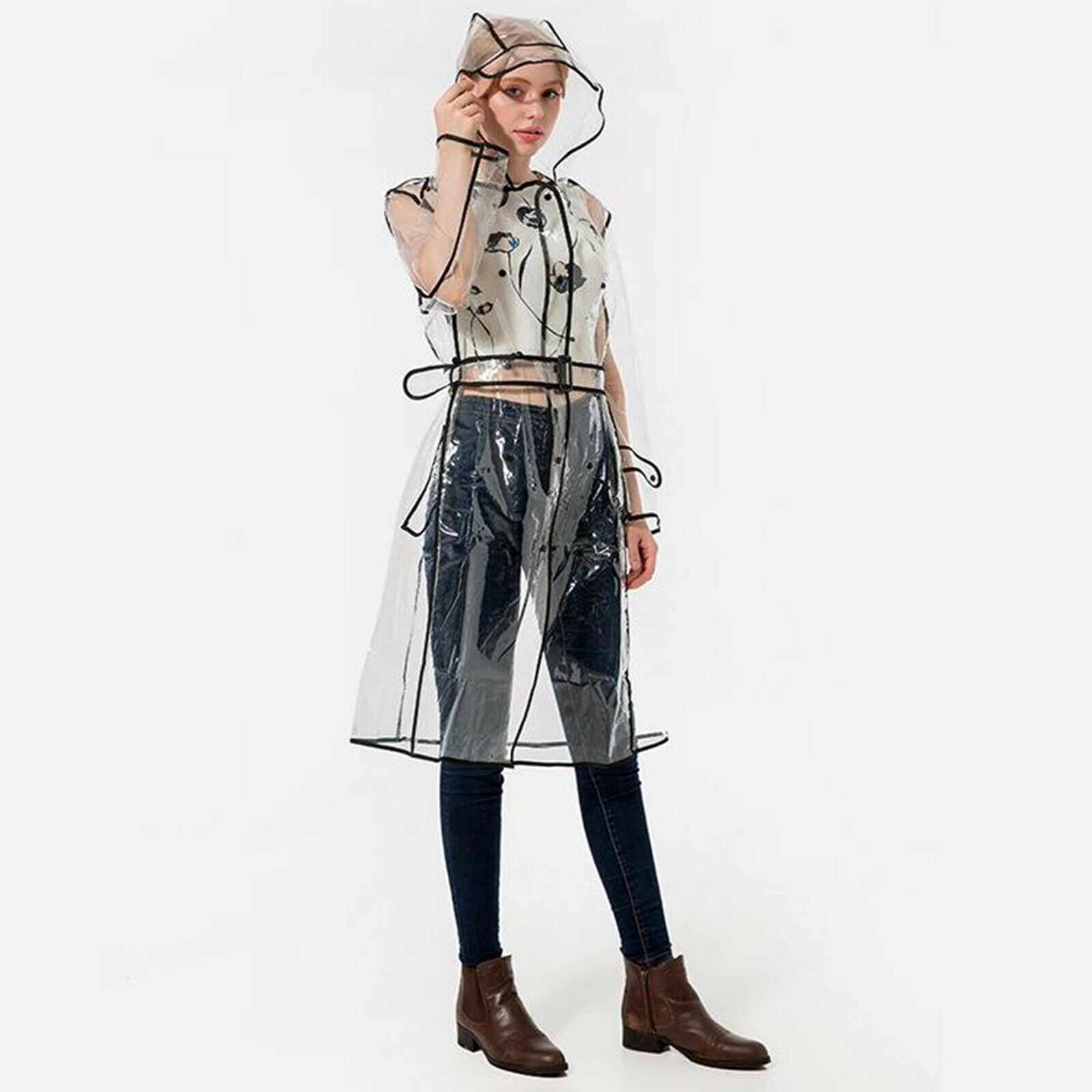 Lightweight Clear Women Raincoat Jacket Rain Poncho Wind Coat with Belts Hood