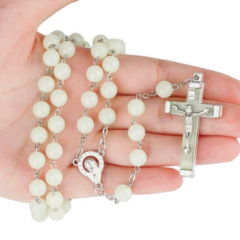 Glow in the Dark Rosary Necklace Jesus Christ Cross Pendant Noctilucent Chain