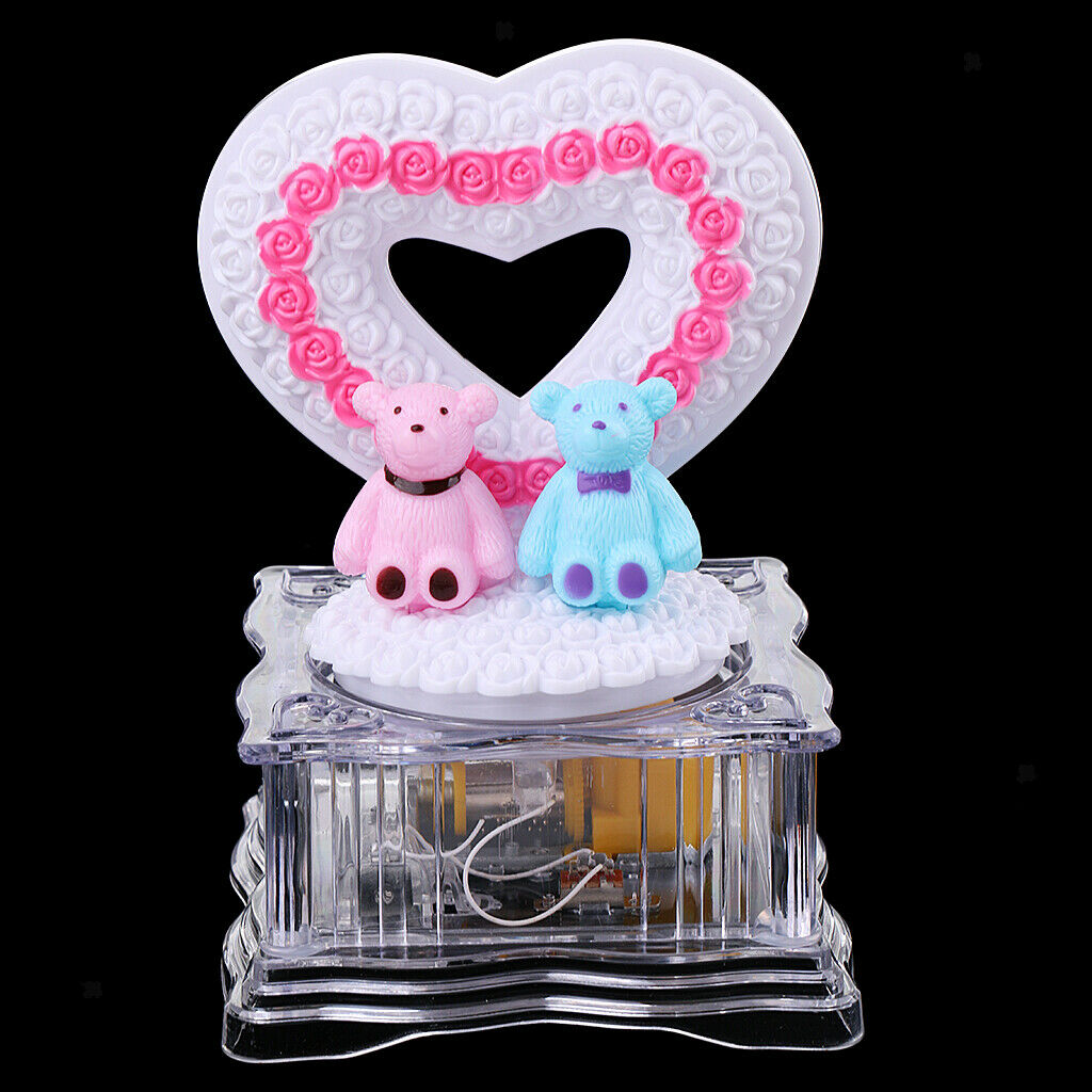 Collect Couple Bear Music Box Rotating LED Lighting Wind Up White Heart Gift
