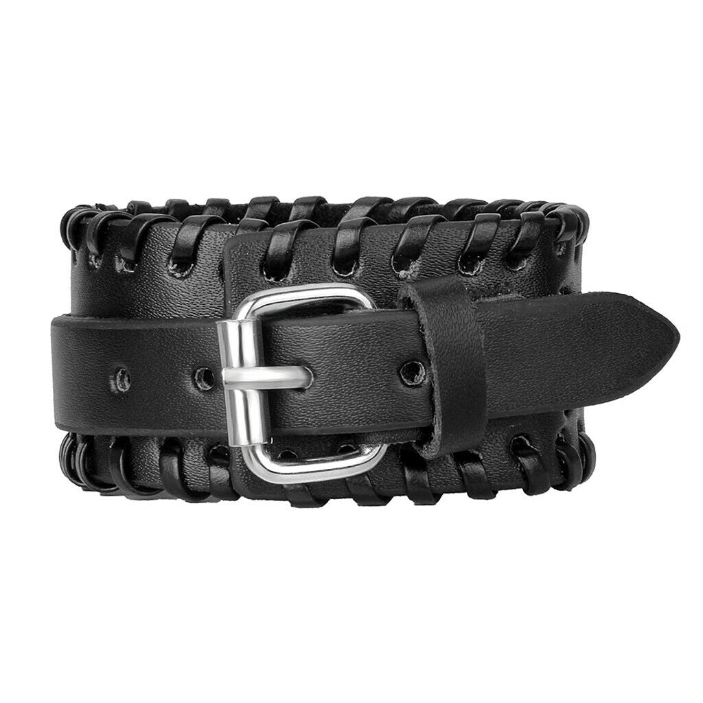 Unisex Punk Braided Rope Alloy Leather Bracelet Bangle Wristband  Black