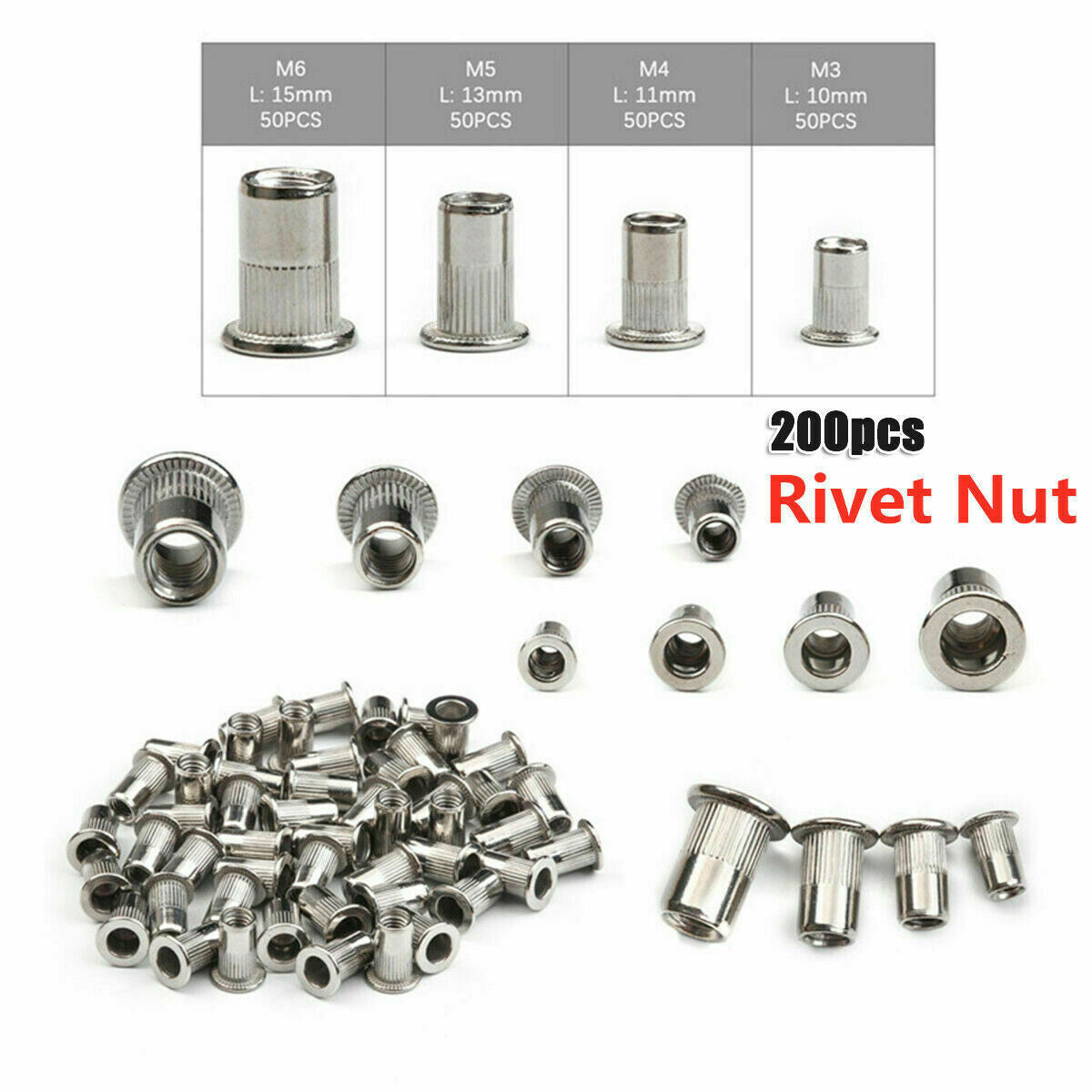 200Pcs M3/m4/m5/m6 Combination Stainless Steel Blind Thread Flat Rivet Nuts