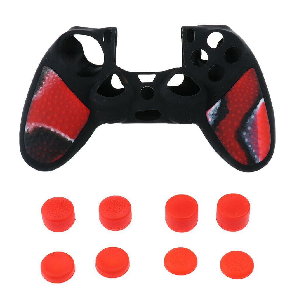 Studded Anti-slip Silicone Case + Thumbstick Caps for PS4 Controller  Red