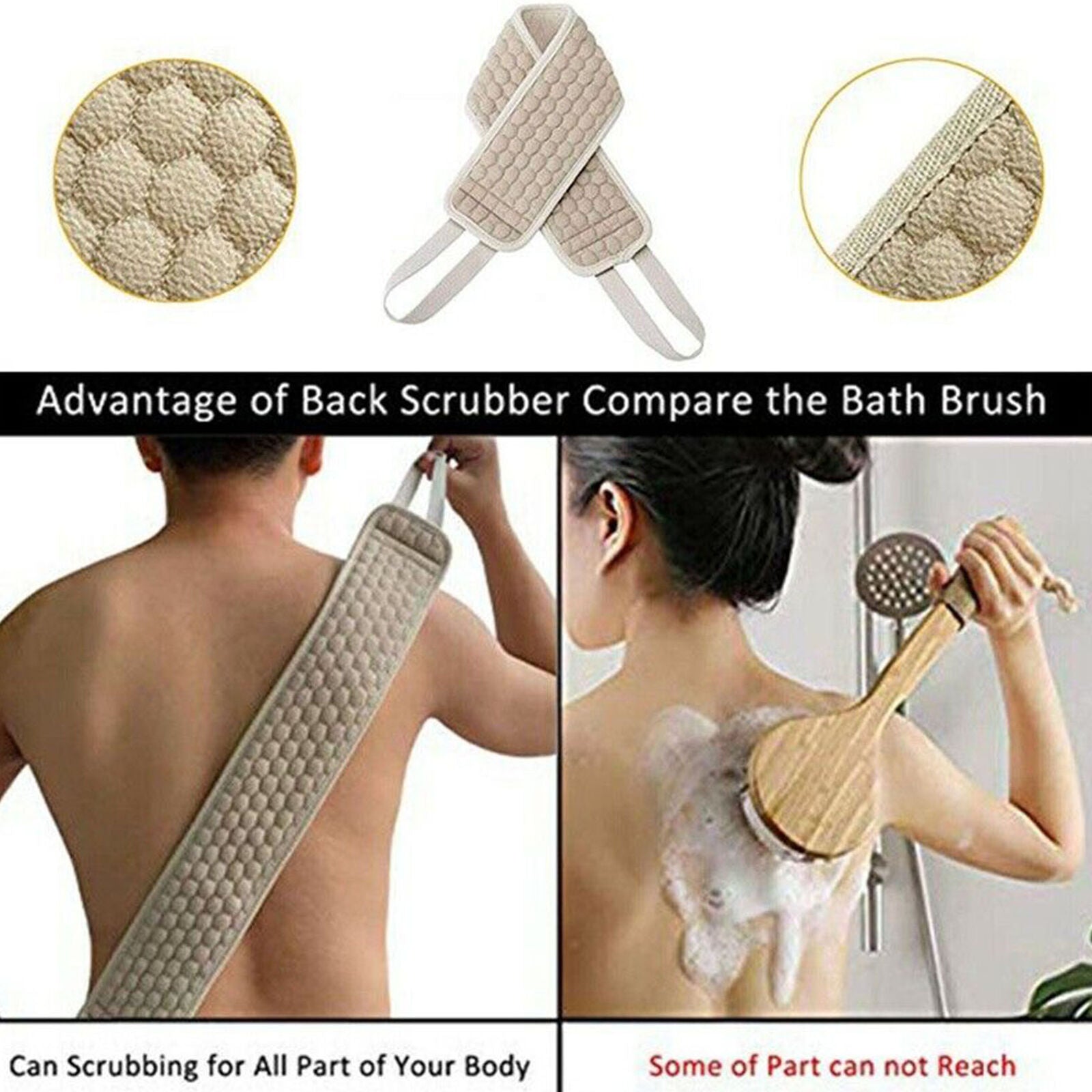 Exfoliating Back Scrubber Bath Shower Strap Loofah Spa Skin Brush Sponge Body