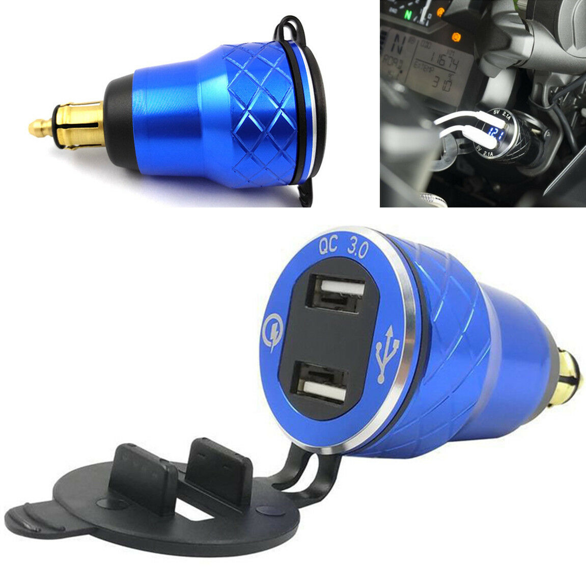 Blue Dual USB Cigarette Lighter 4.2A Phone Charger with Waterproof Cover for BMW