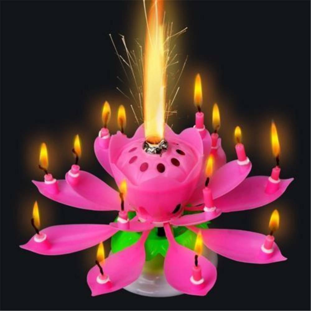 Musical Charming Lotus Flower Rotating Happy Birthday Party Lights Candle Gifts