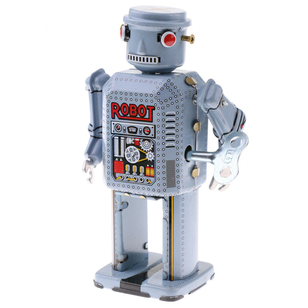 10cm Gray Wind Up Walking Planets Robot Clockwork Tin Tinplate Toys Collectibles