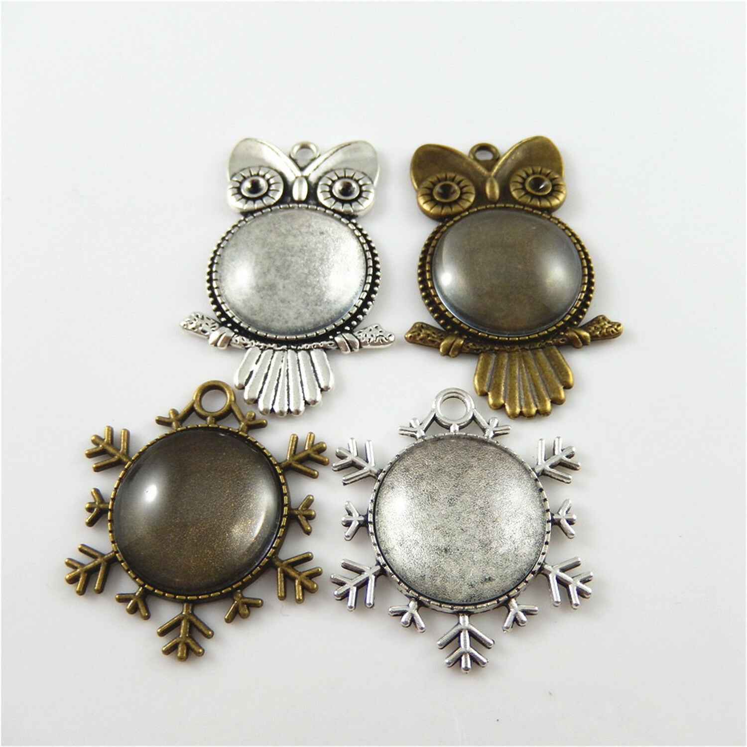 4 sets Mixed Owl Snowflake Bezel Frames with 25mm Clear Glass Cabochons Pendants
