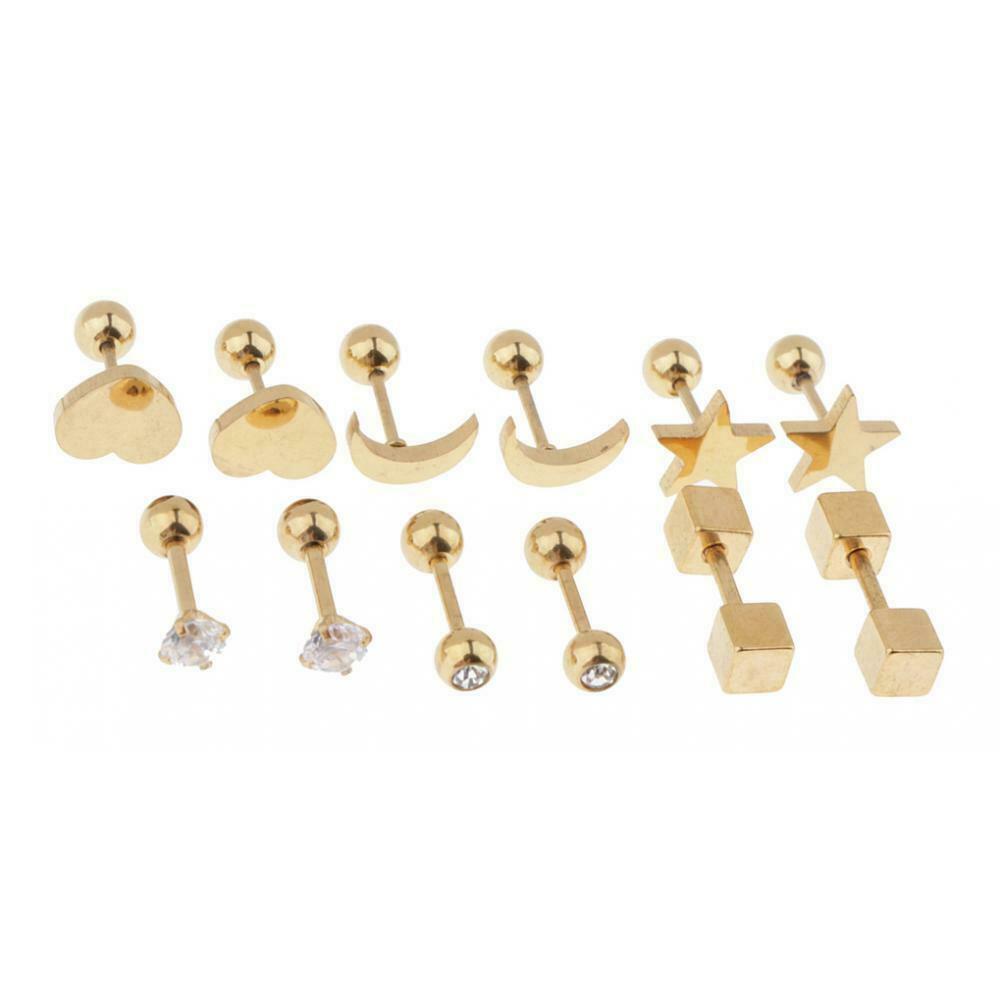 6 Pairs Female Stainless Screw Back Earrings Star Heart Moon Ear Studs