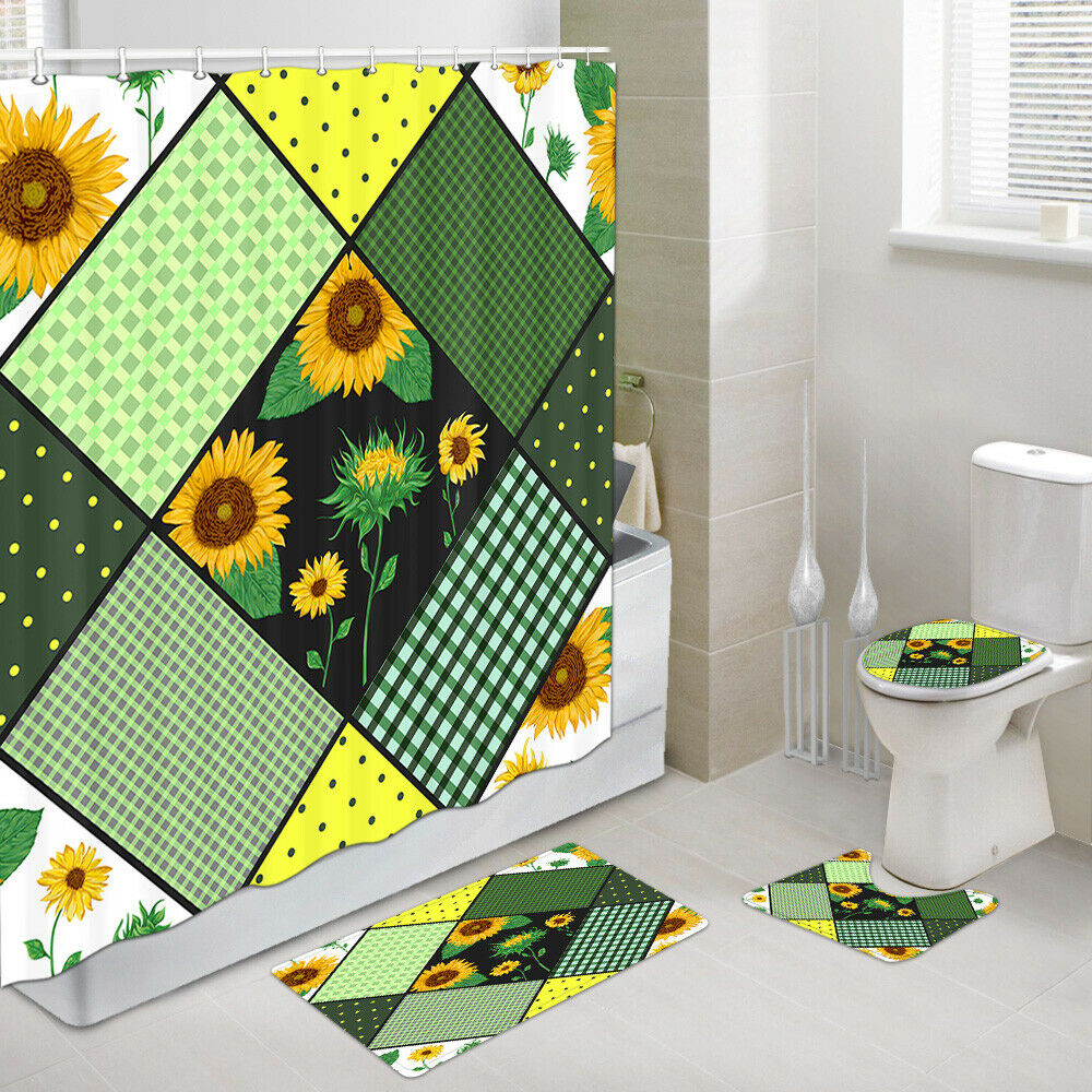 Checkered Sunflower Flower Shower Curtain Set Bathroom Rug Toilet Lid Seat Cover