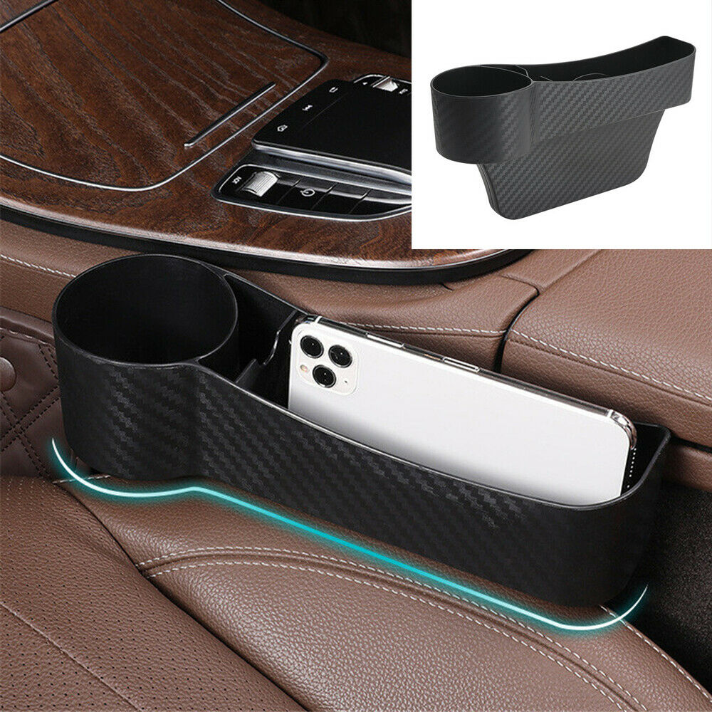 Carbon Fiber Look Car Left Seat Crevice Storage Box Organizer Pocket Cup Holder