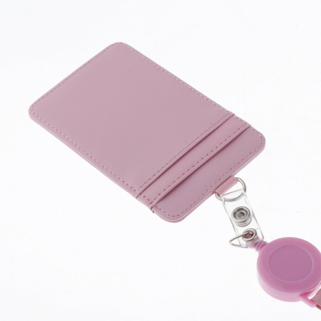 2-Sided Vertical Pu Leather Badge Card Holder Neck Strap Lanyard Pink