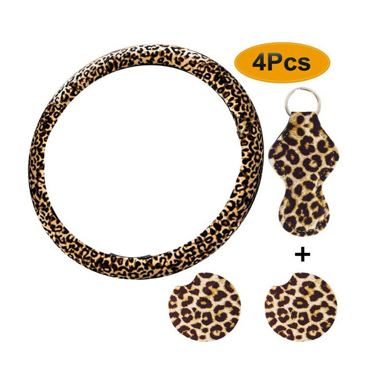 4PCS/Set Leopard Print Auto Car Steering Wheel Cover + keychain Cover + Coaster