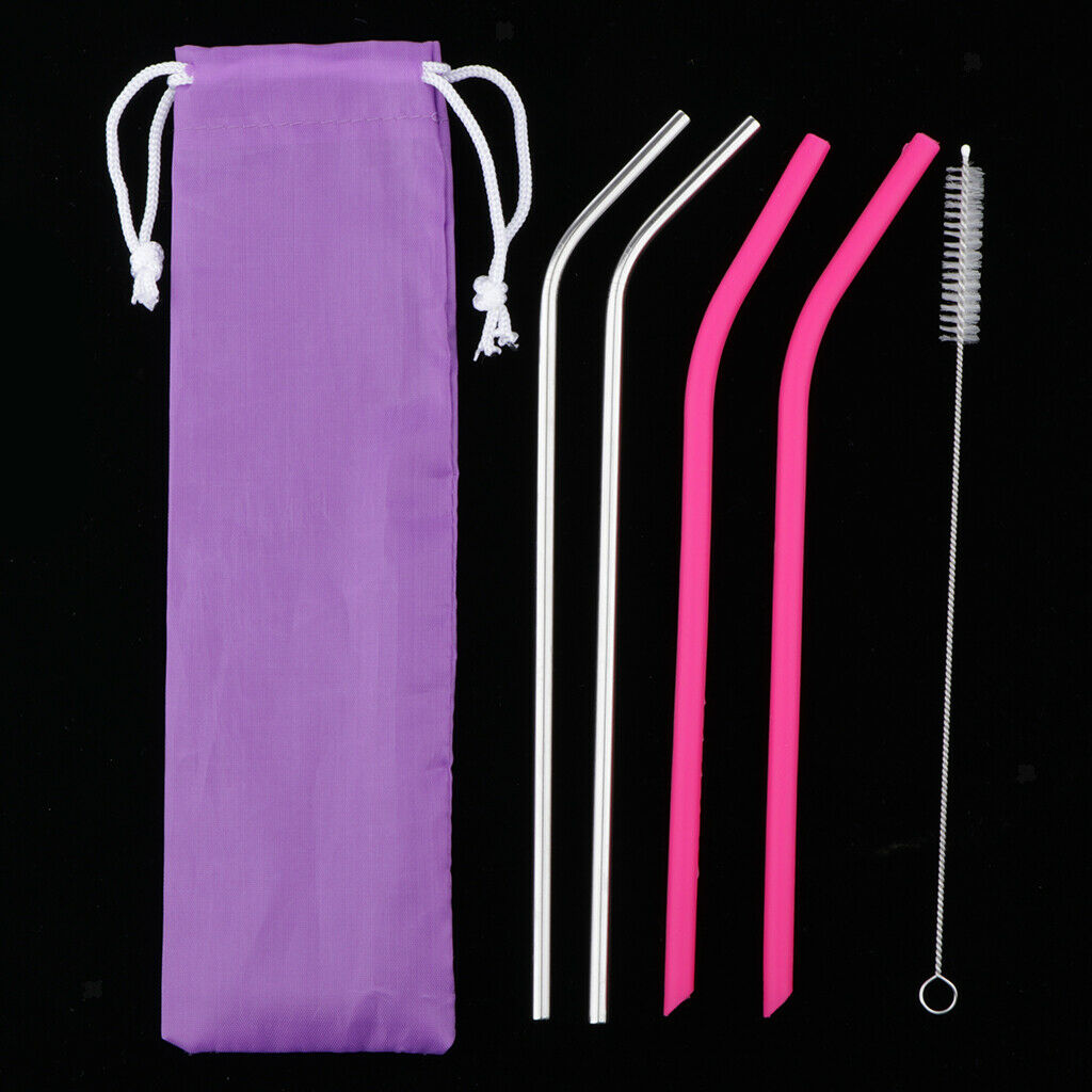 Drinking Straws 2pcs Pink Silicone 2pcs Stainless and 1pc Cleaning Brush