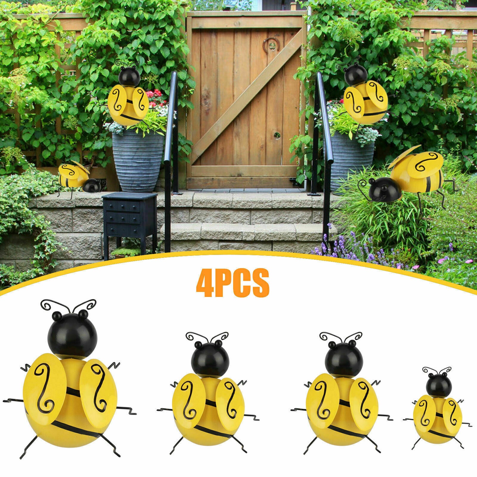 Set of 4 Yellow Bumble Bees Wall Ground Fence Home Garden Outdoor Lawn Art Decor
