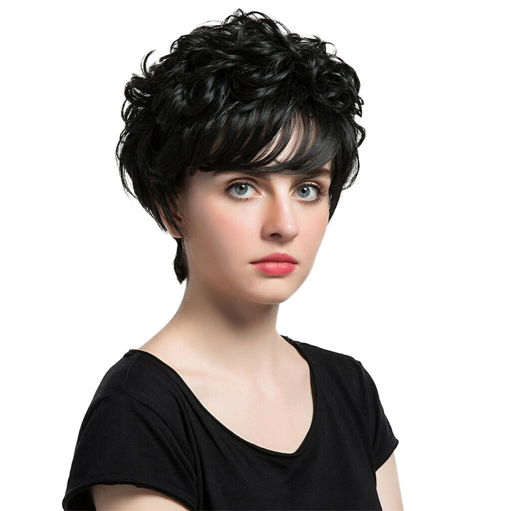 Short Curly Black Wigs Women's Curly Ends Short Fiber Wig With Layered Bangs