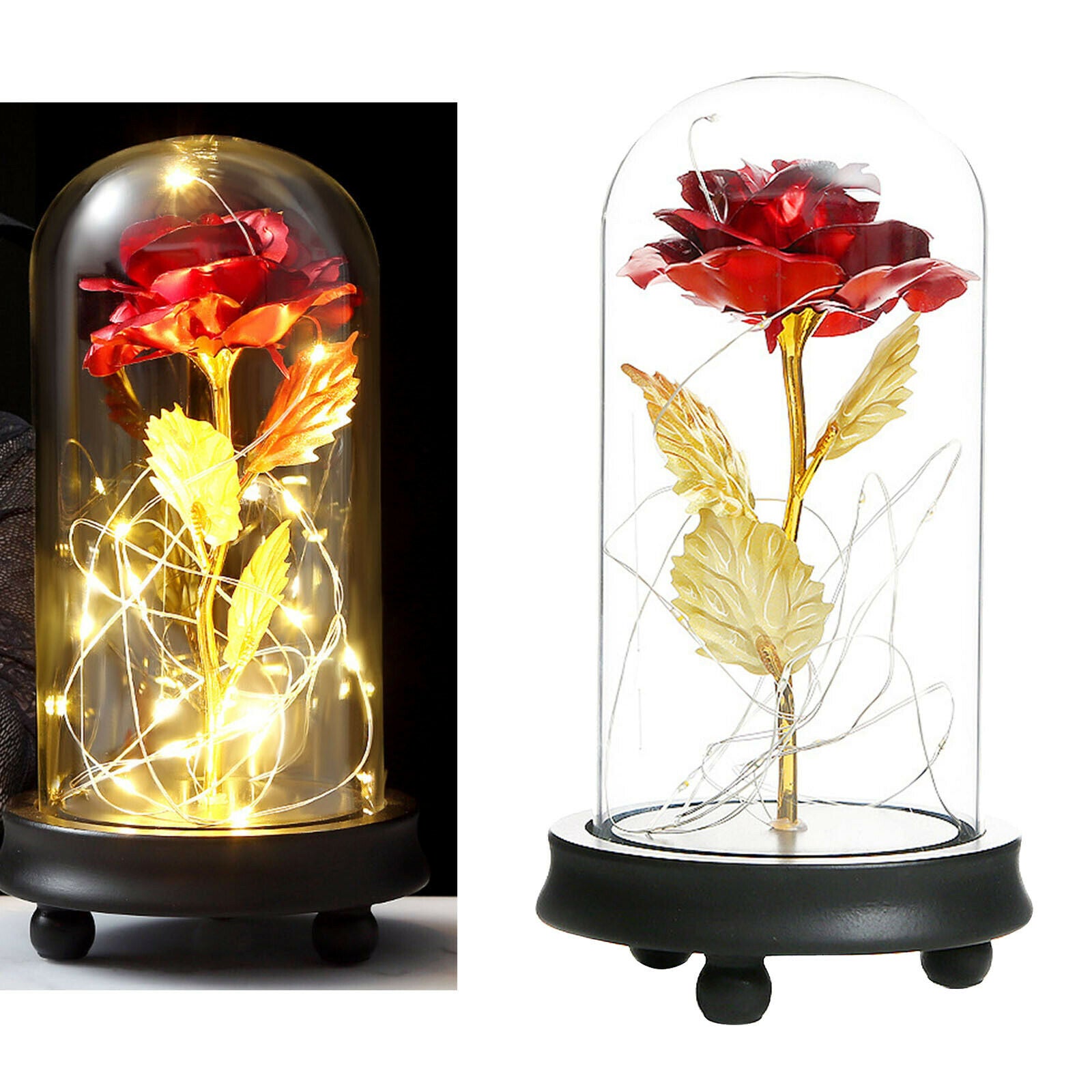 Everlasting Rose in Glass Dome Flower LED Lamp Light for Wedding Anniversary