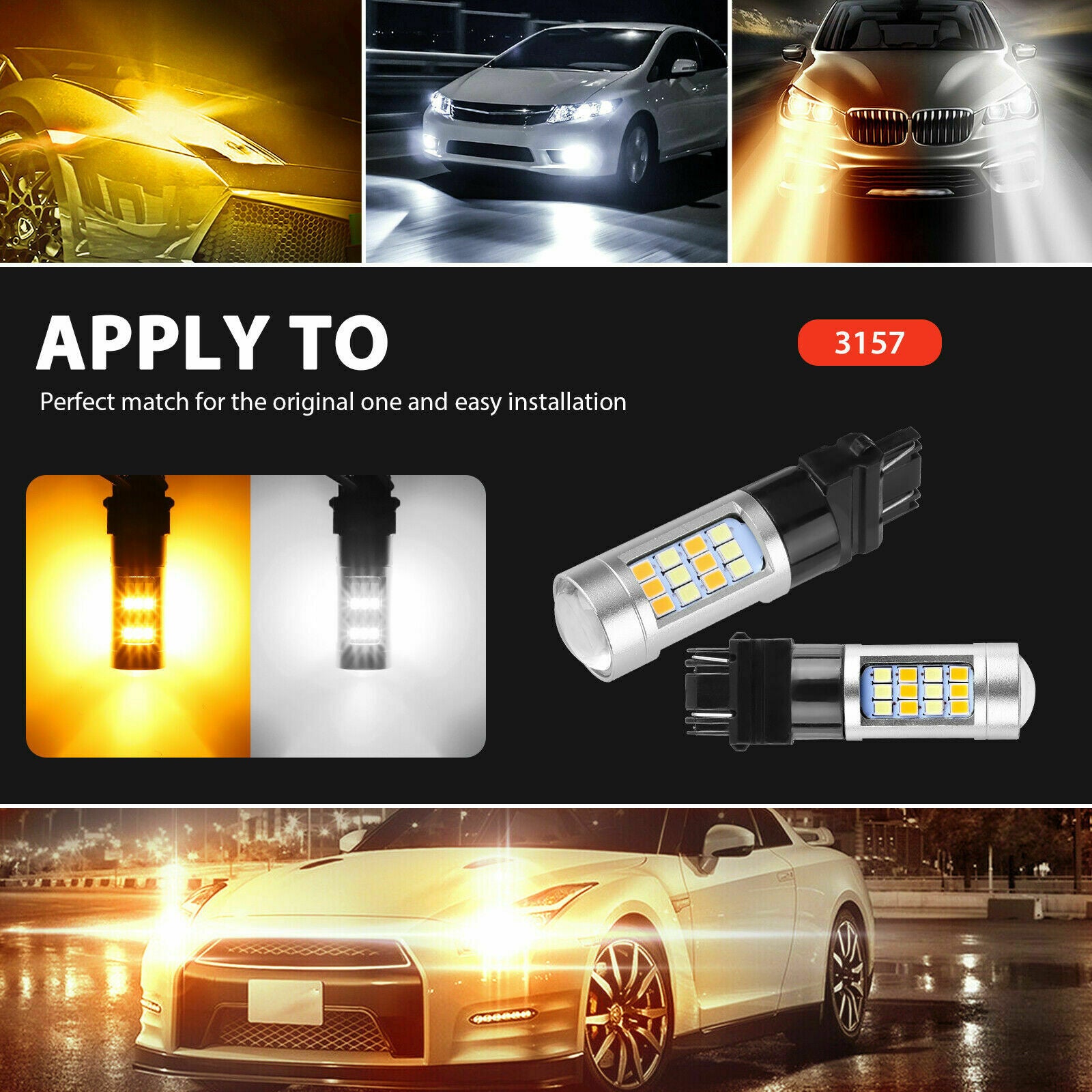 2X Error Free White/Amber 3157 LED DRL Switchback Turn Signal Parking Light Bulb
