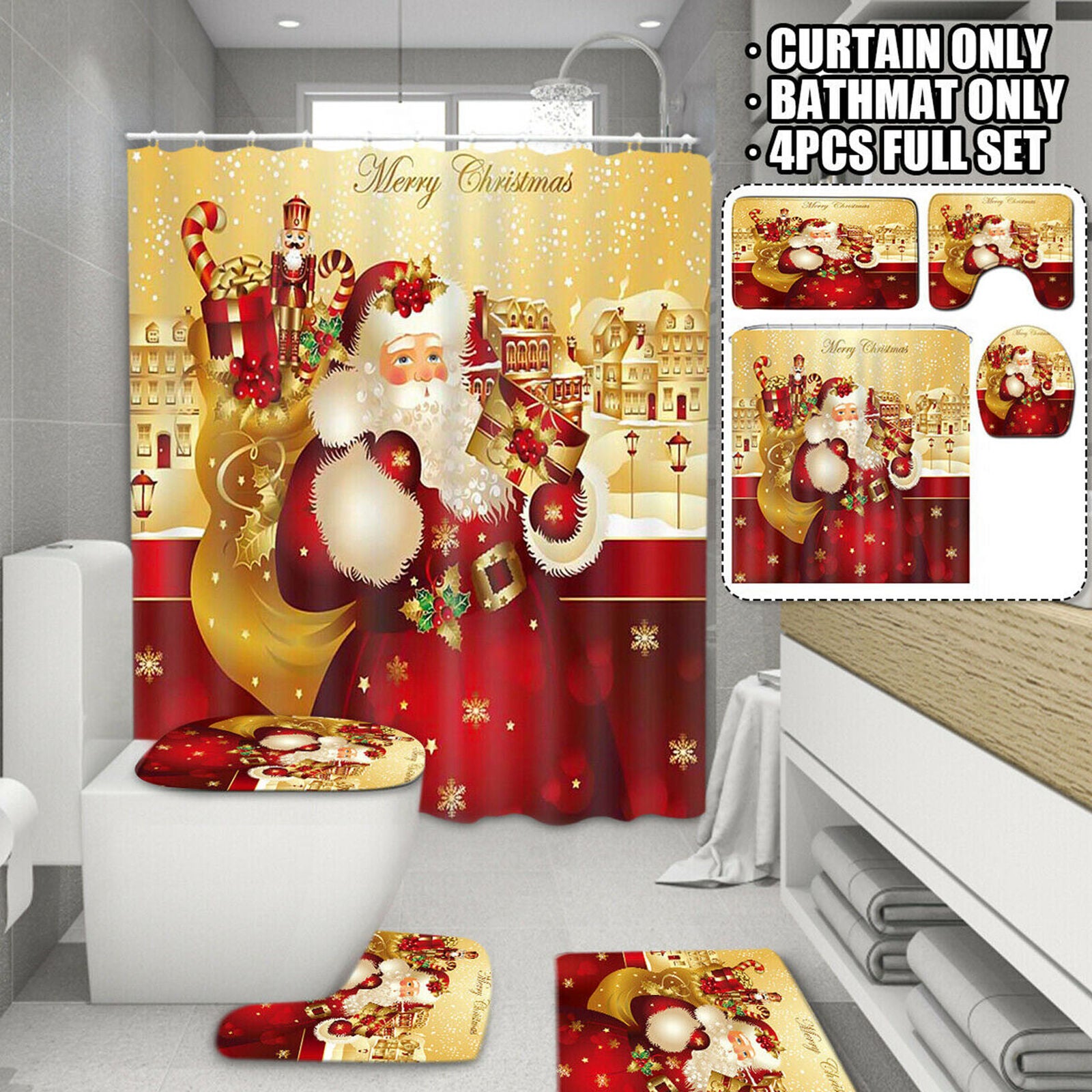 Christmas shower Curtain Bathroom Anti-slip Carpet Rug Toilet Cover Mat Set