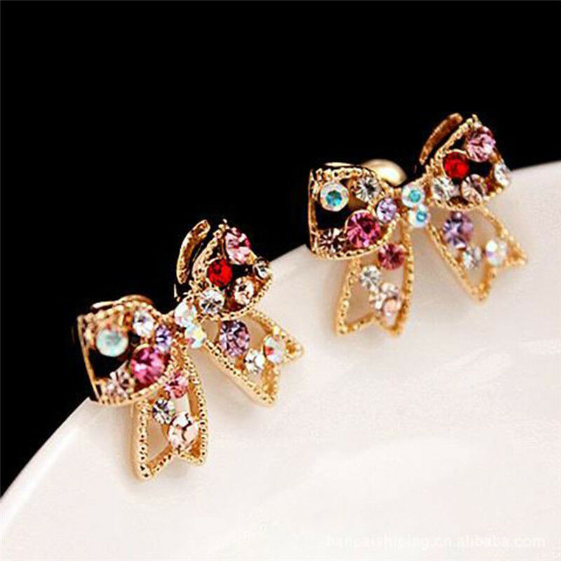 Charming Girl's Colorful Crystal Rhinestone Golden Bowknot Charm Stud Earring LQ