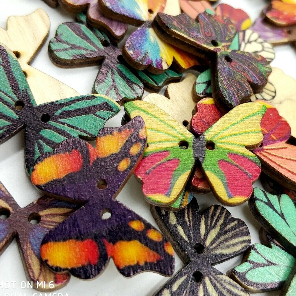 50pcs Mixed Butterfly Wood Buttons Clothing Decor Crafts Sewing Scrapbooking