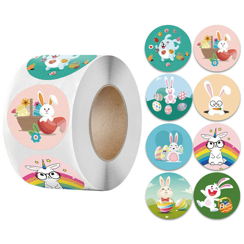 500pcs/roll Round Rabbit Bunny Happy Easter Stickers For Gift B.l8