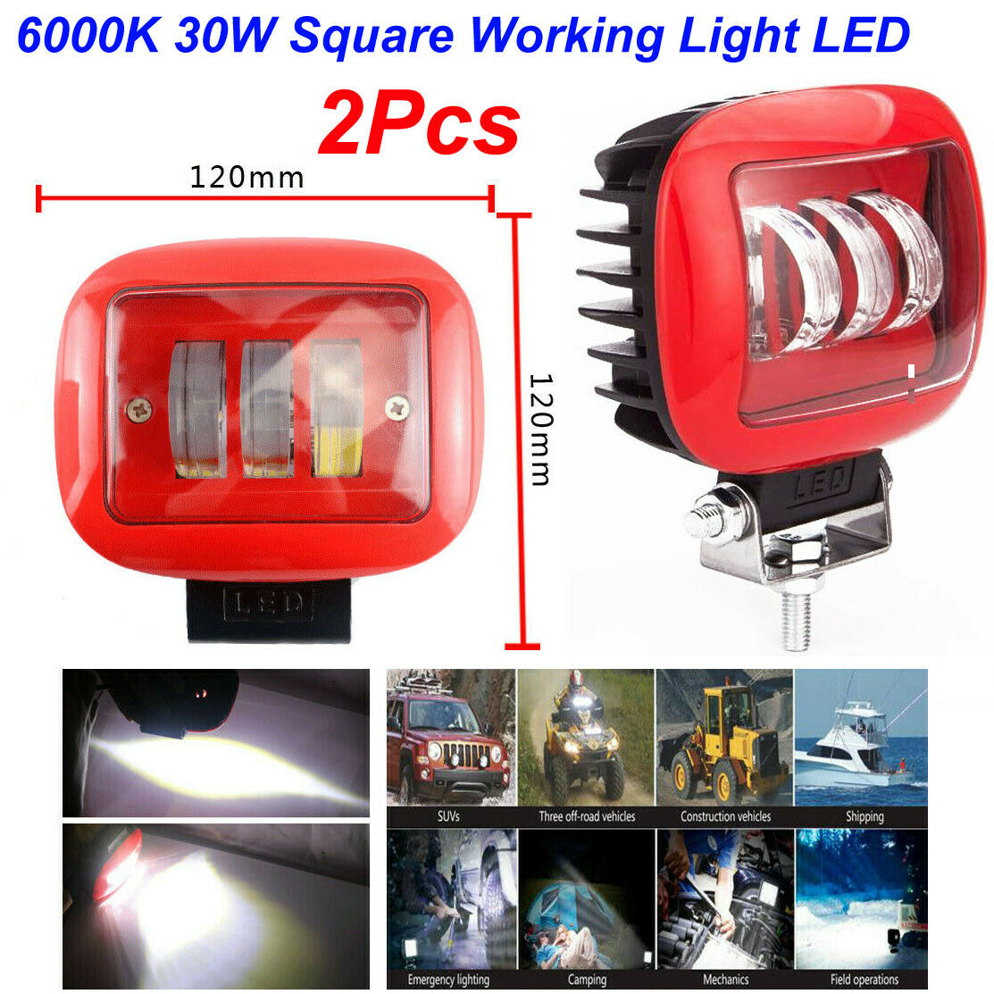 2Pcs 6000K 30W Car Square Working Light LED Marine Spotlight Dock Lamp for Jeep