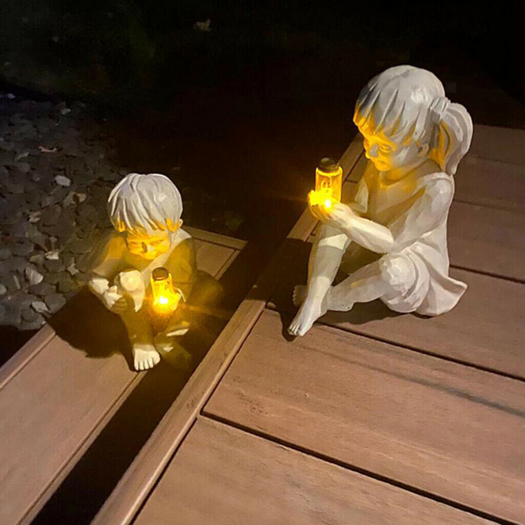 1 Pair BOY GIRL Statue Lighted Fireflies in Jar Sculpture Garden Artwork