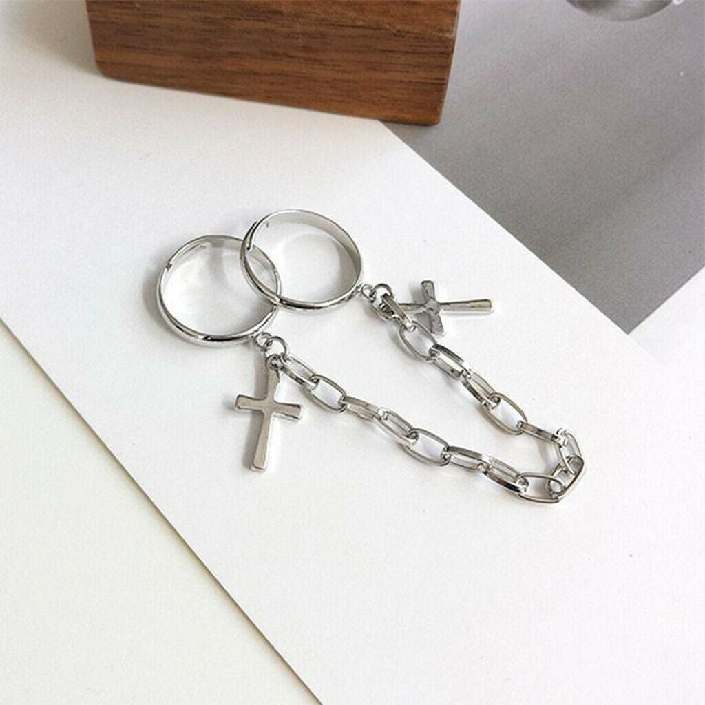 Cross Adjustable Open Ring Fashion 2 Connecting Punk Rings Chain Women Gift