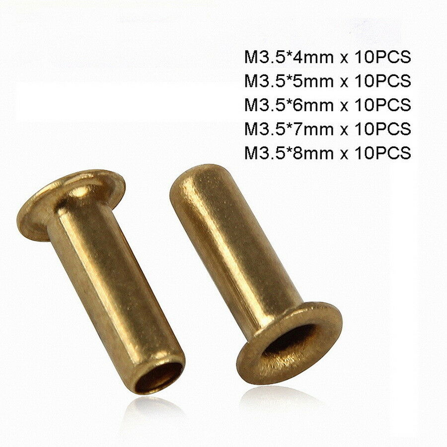 50pc M3.5 x (4mm-8mm) Copper Brass Eyelet Hollow Tubular Rivets Through Nuts Kit
