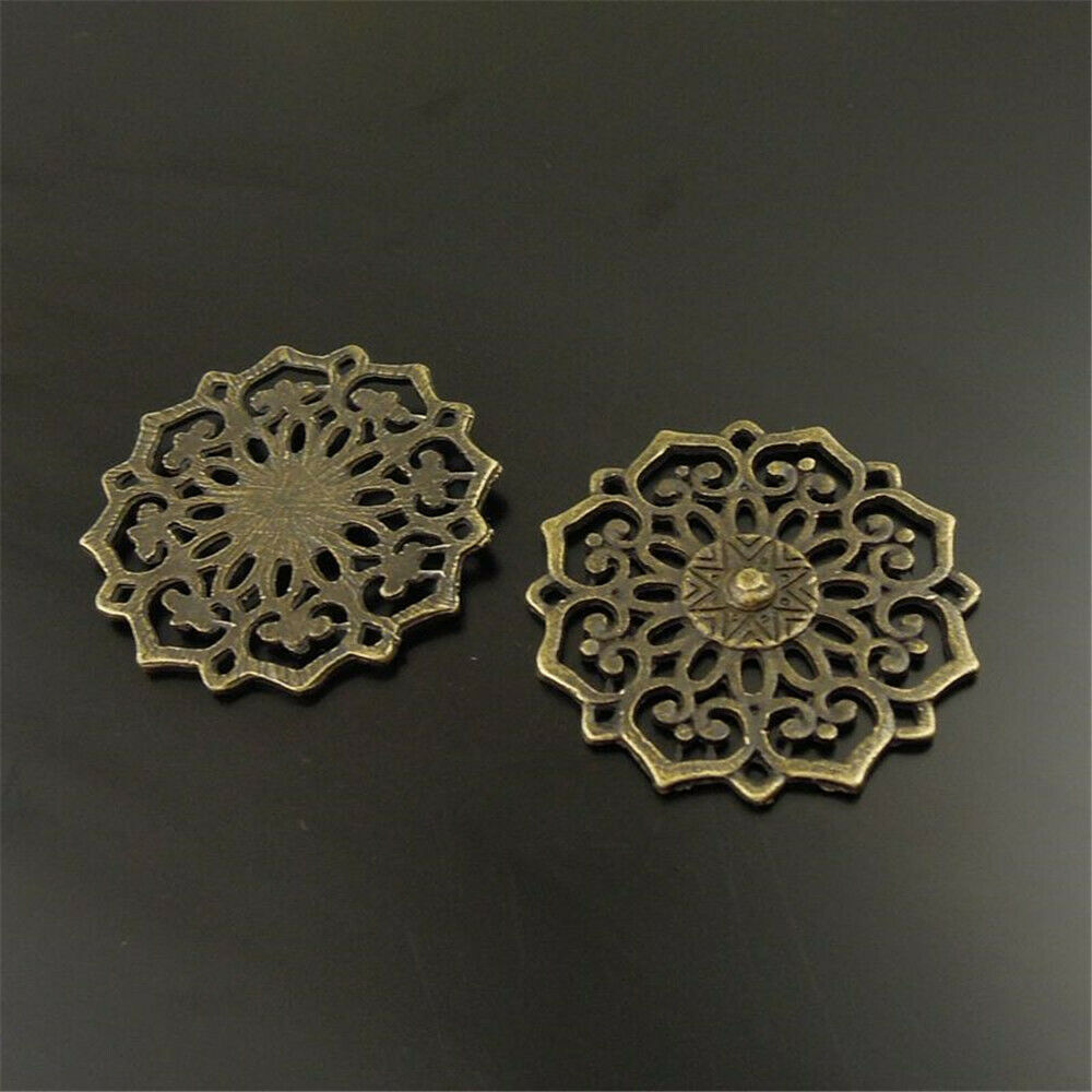 Lot of (x10) Antiqued Bronze Alloy Hollowed Flower Craft DIY Pendant Charm 30mm