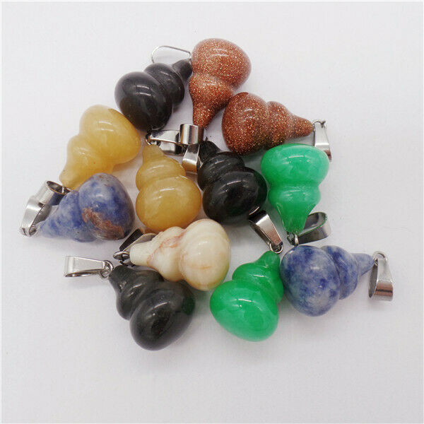 15Pcs 18x14mm Multicolor Mixed Stone Carved Gourd Lucky Pendant Bead DIY HH9602
